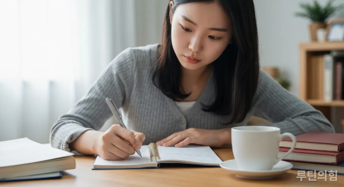 스터디 목표와 규칙을 꼼꼼하게 작성하는 한국인 여성의 모습