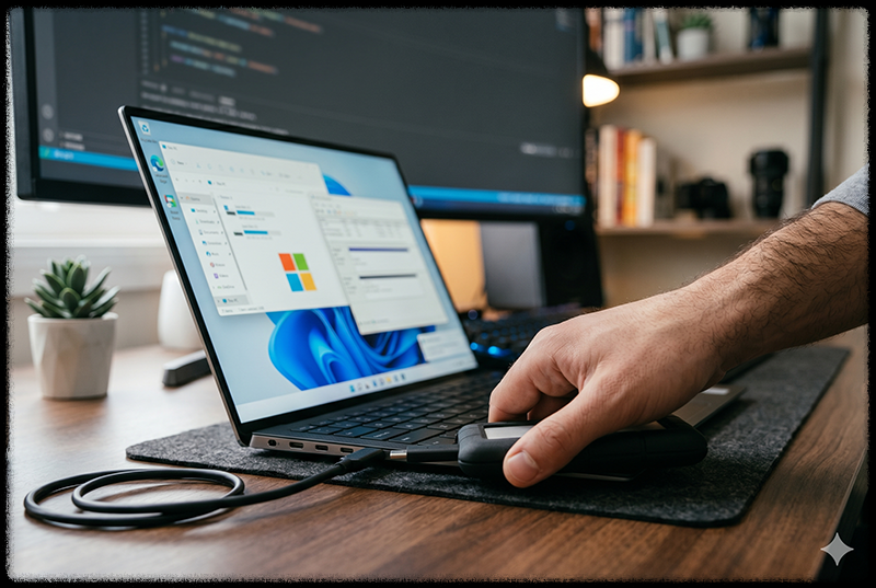 외장하드를 다른 USB 포트에 연결하며 문제를 확인하는 모습