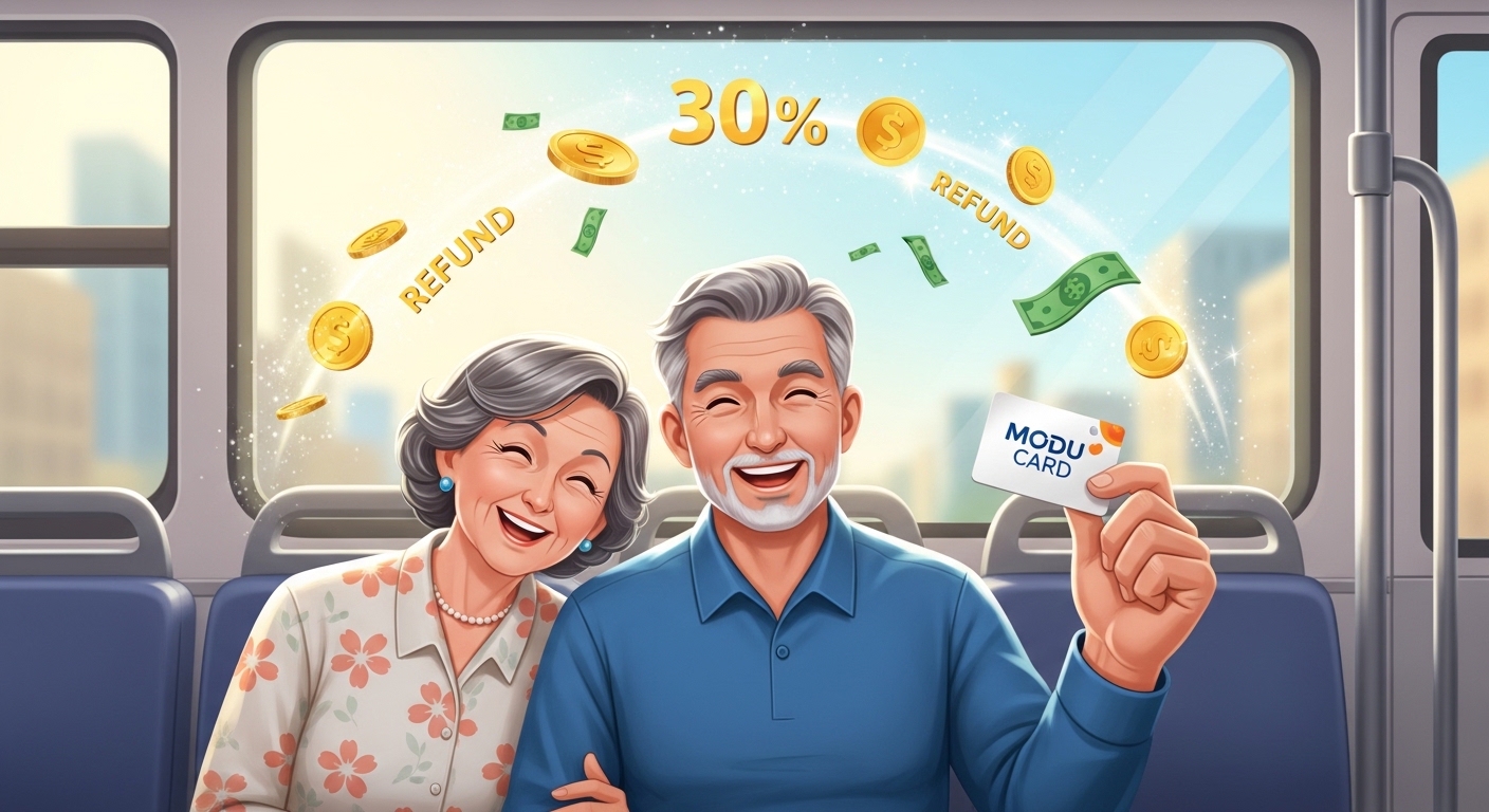 65세 이상 노인 부부가 '모두의 카드'를 들고 대중교통을 이용하며 즐거워하는 모습, 주변에 돈이 흩날려 30% 환급 혜택을 상징함.