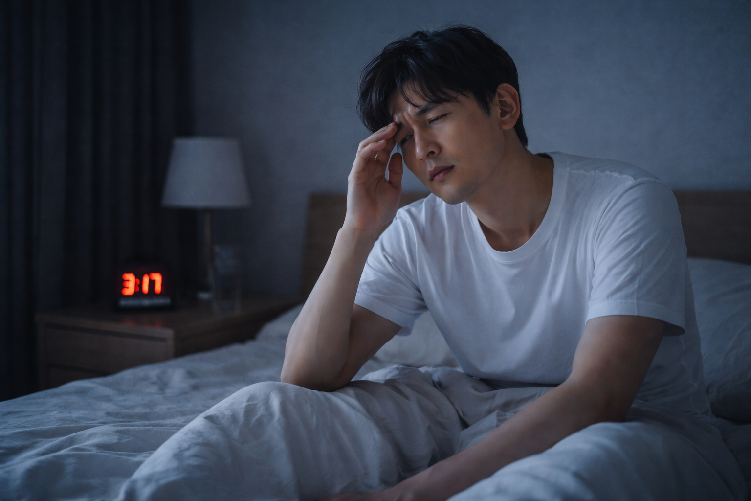 밤중에 잠에서 깨어 침대에 앉아 피로와 불편감을 느끼는 성인 남성의 모습