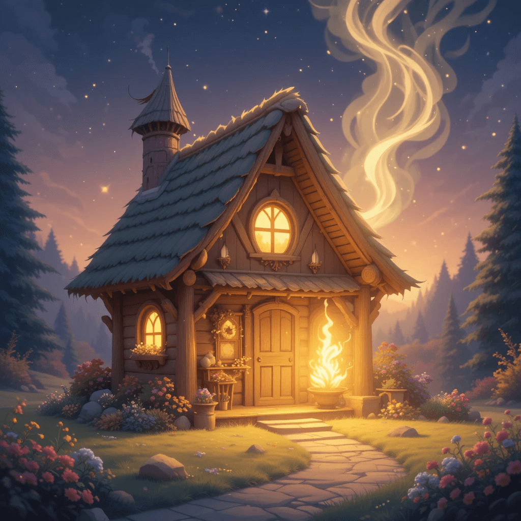 불(화재)이 나오는 길몽 중 금빛 불이 집에서 빛나는 꿈의 이미지입니다.