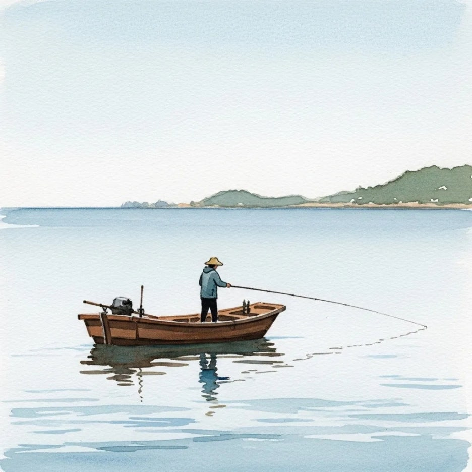 고요한 바다에서 쭈꾸미 낚시를 하는 사람