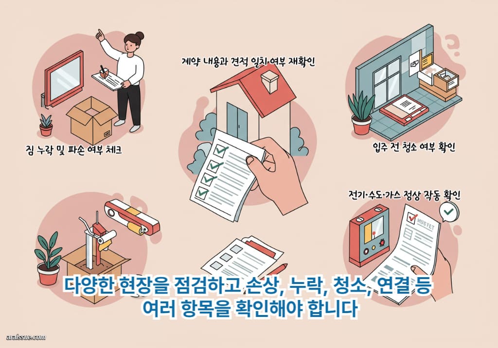 다양한 현장을 점검하고 손상, 누락, 청소, 연결 등 확인해야 할 항목이 많습니다.