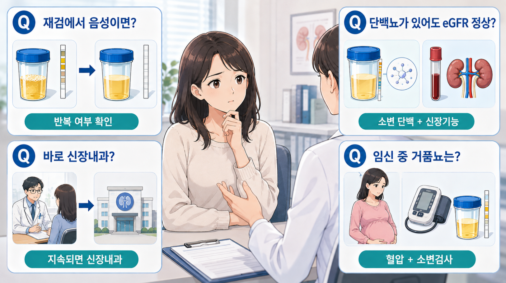 거품뇨 Q&A로 재검 음성, 정상 eGFR과 단백뇨, 신장내과 진료 시점, 임신 중 검사를 정리한 이미지