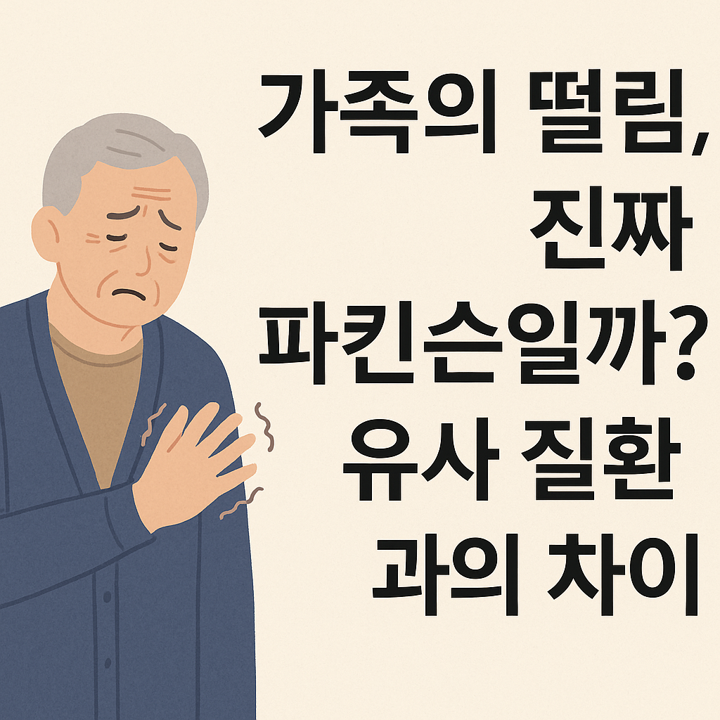 떨리는 손을 감싸안고 있는 노인의 모습과 '가족의 떨림, 진짜 파킨슨일까? 유사 질환과의 차이'라는 문구가 함께 있는 설명 이미지