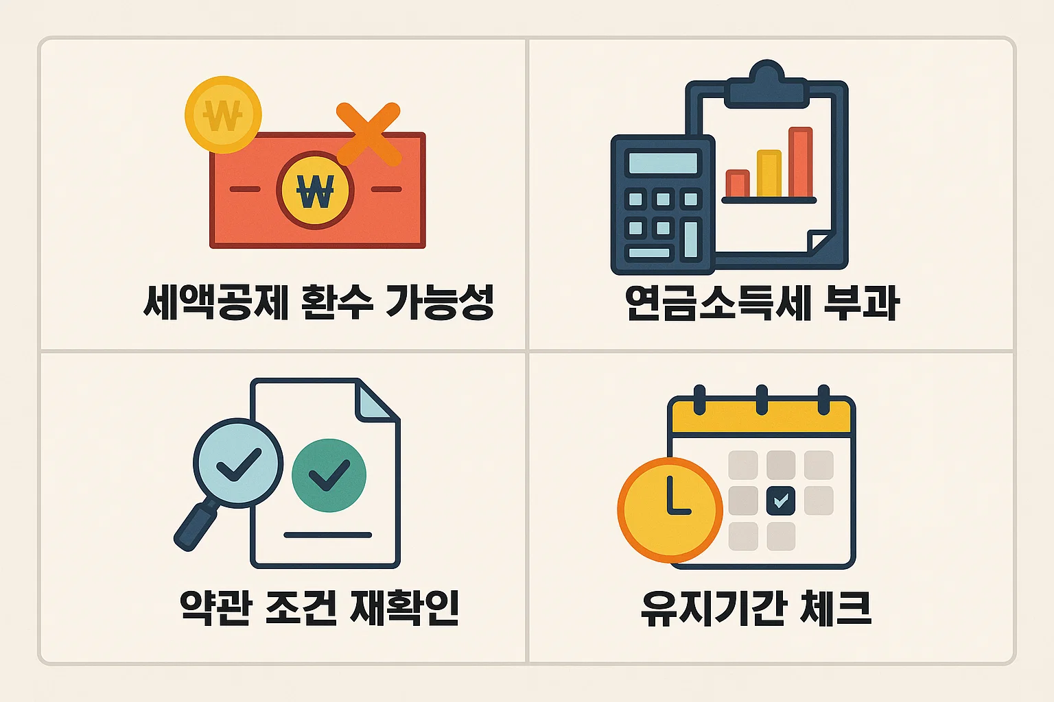 세액공제 환수 가능성, 연금소득세 부과, 약관 조건 재확인, 유지기간 체크 등 연금저축보험 수령 전 꼭 알아야 할 핵심 주의사항을 정리한 2025년 인포그래픽