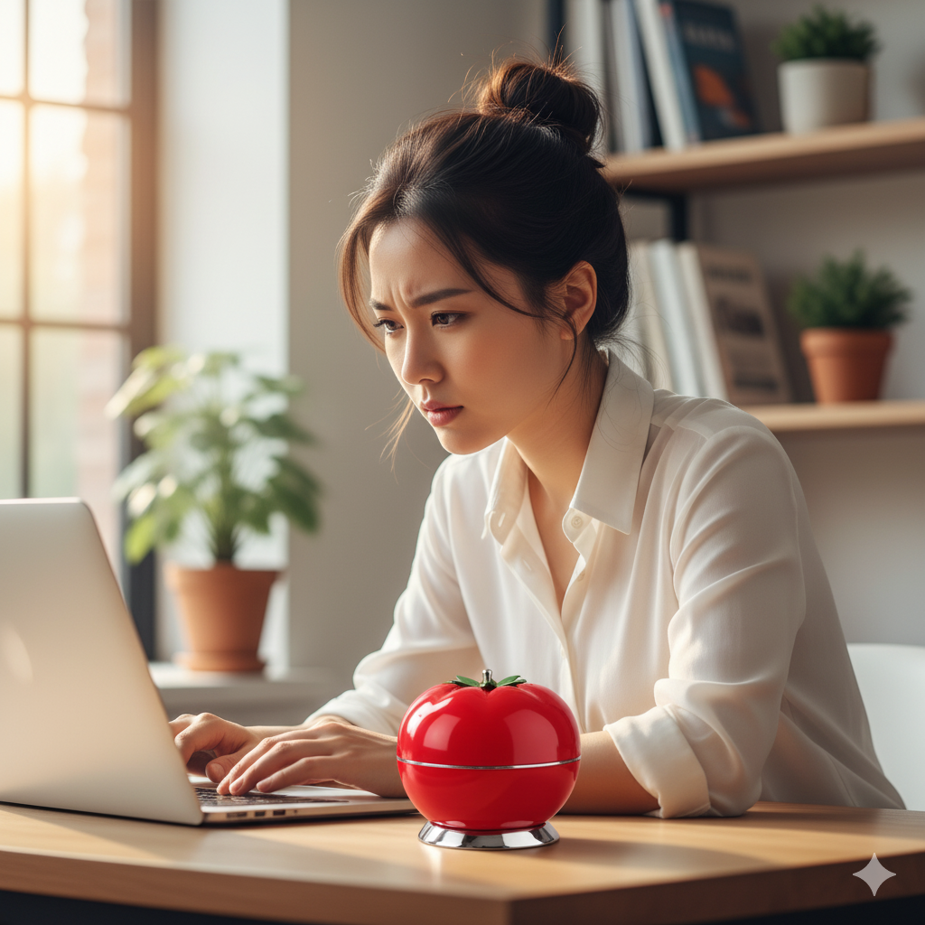 밝은 서재에서 세련된 토마토 타이머 옆에 두고 노트북 작업에 깊이 몰입하고 있는 지적이고 아름다운 20대 여성 모델.
