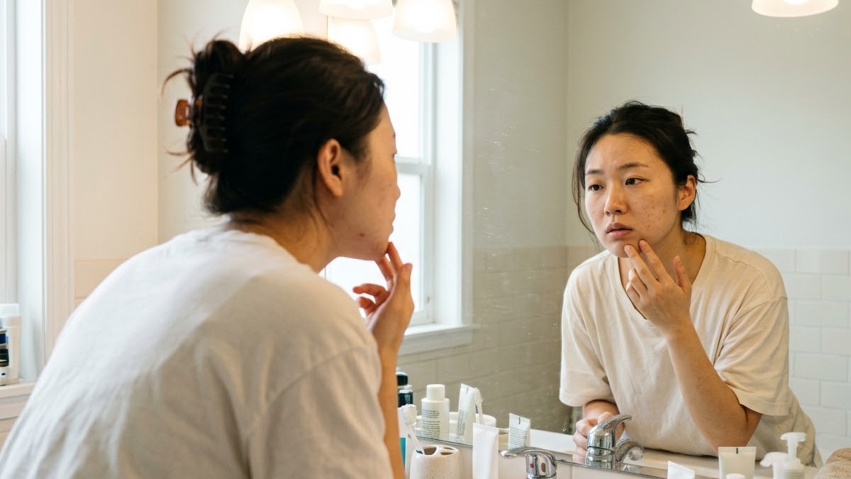 거울 앞에서 턱 주변 피부를 살펴보는 여성