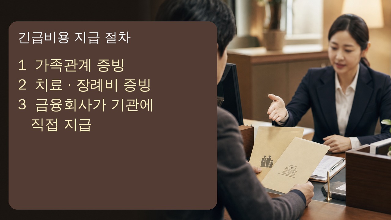 유가족이 가족관계증명서와 장례비 증빙을 금융회사에 제출해 기관 직접 지급을 요청하는 장면