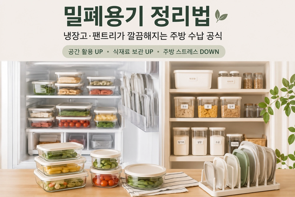 깔끔하게 정리된 밀폐용기와 냉장고 수납 대표 이미지
