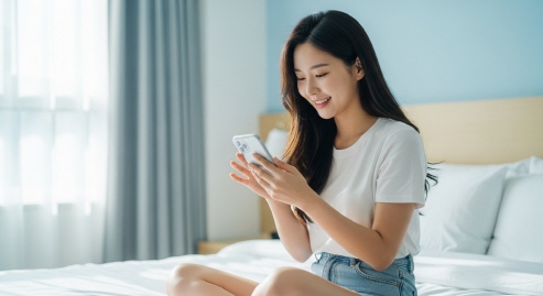 침대에 앉은 여성이 스마트폰을 들고 숙소 예약 중&amp;#44; 자연광 조명