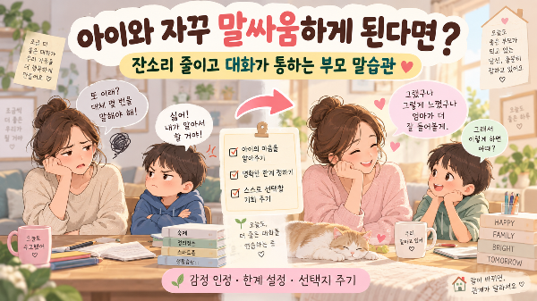 잔소리 줄이고 대화가 통하는 부모 말습관 8가지를 설명한 이미지