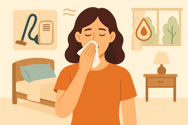 비염 완화를 위한 깨끗한 실내 환경, 공기 정화 식물과 생활 습관을 실천하는 여성의 모습