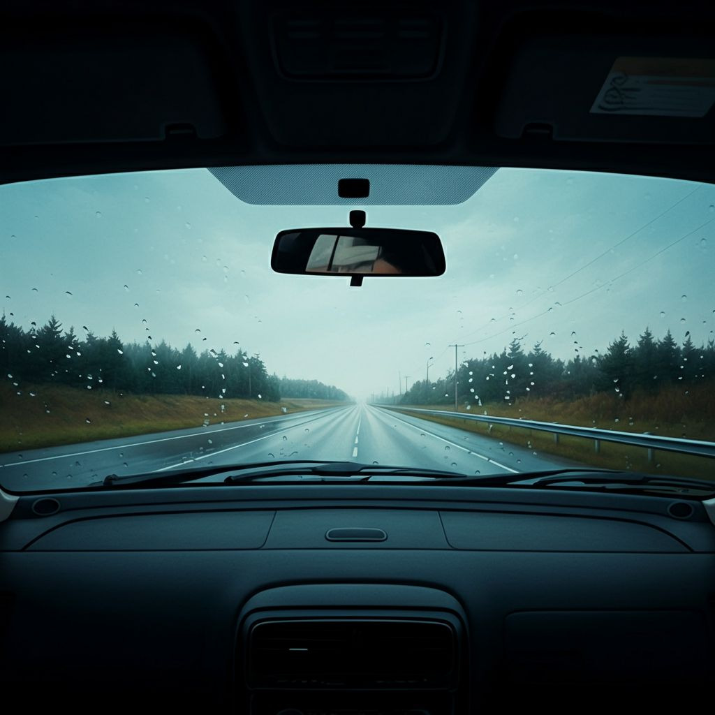 비 온 뒤 맑게 갠 날, 깨끗한 앞 유리를 통해 보이는 도로 풍경