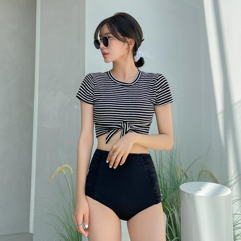 메이비치 스트라이프 크롭 비키니 반팔 크롭 하이웨스트 수영복 bikini