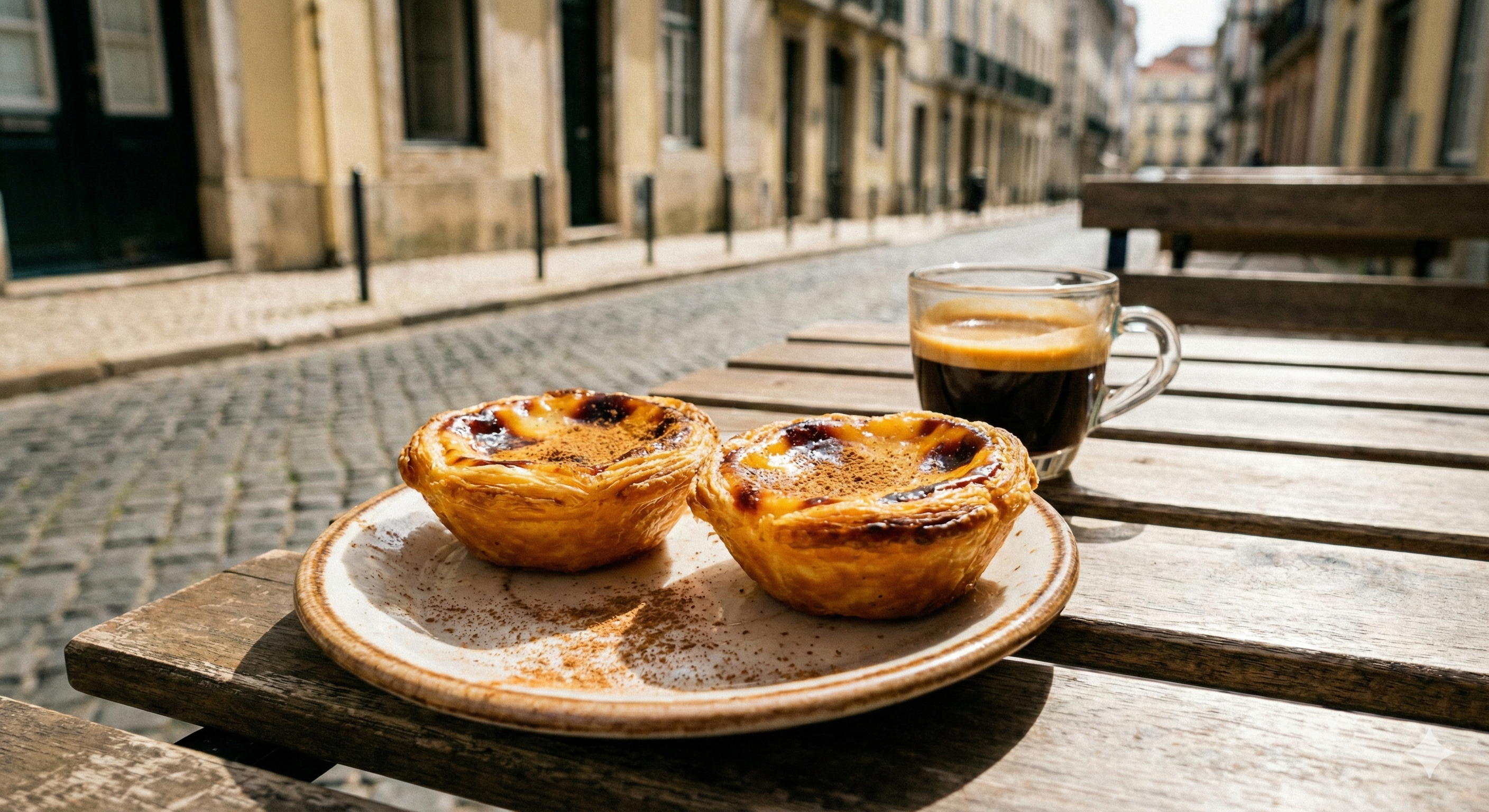 포르투갈 리스본 가성비 여행의 필수 코스, 갓 구워진 바삭한 에그타르트(파스텔 드 나타)와 크레마가 가득한 진한 에스프레소 한 잔