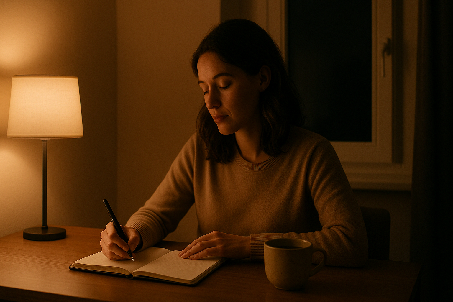 조용한 개인 공간에서 한 여성이 조용히 앉아 노트에 감정을 적고 있다(Ai생성이미지)