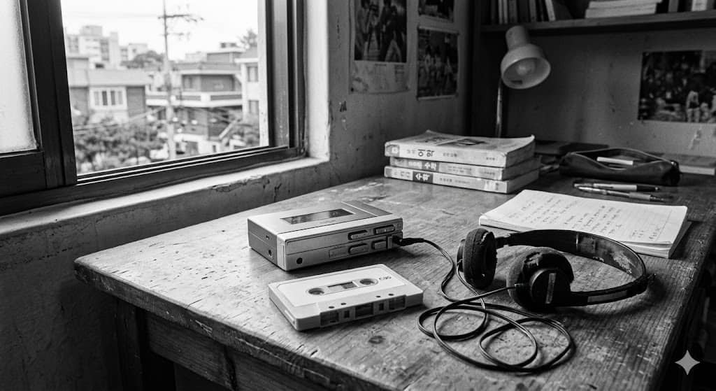 파일명: 1991_korea_sony_walkman_cassette_tape_lee_seungcheol.jpg Alt 태그: "1991년 소니 워크맨 이승철 카세트 테이프 아날로그 음악 소비 90년대 한국 청춘 문화"