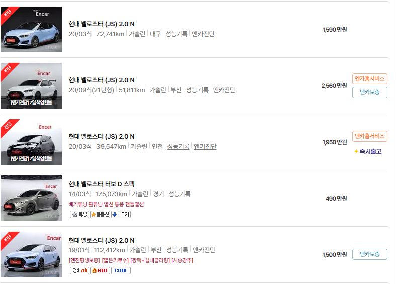 현대 벨로스터 중고차 가격 시세표 24년10월