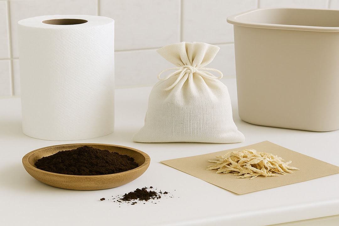 커피찌꺼기와면주머니등으로냄새잡는도구들사진