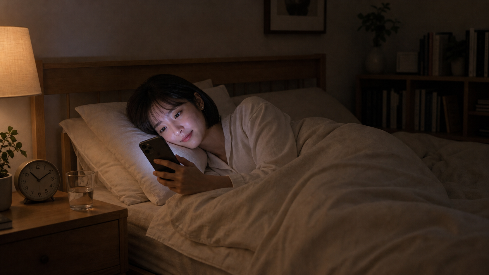 어두운 밤 침대에 옆으로 누워 스마트폰 뒷면을 바라보는 잠옷 차림의 서윤