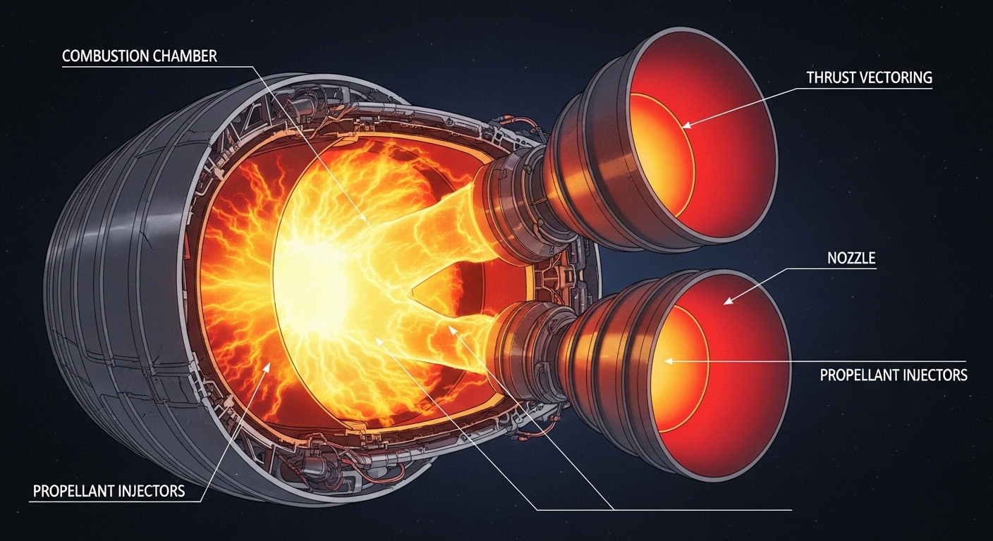 누리호에 사용된 75톤급 액체 엔진의 내부 구조와 연소 과정을 보여주는 정밀한 기술 일러스트레이션.