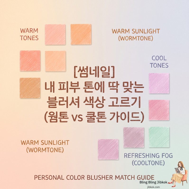 웜톤의 살구 코랄 색상과 쿨톤의 라벤더 핑크 색상 대비를 시각적으로 보여주는 퍼스널 컬러 블러셔 선택 가이드 대표 썸네일 이미지