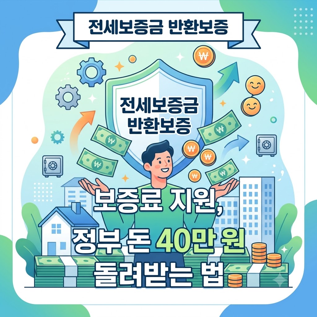 보호 방패와 현금 일러스트를 배경으로 '전세보증금 반환보증 보증료 지원, 정부 돈 40만 원 돌려받는 법' 문구가 적힌 대표 이미지.