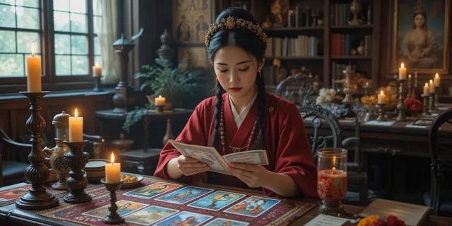 촛불이 켜진 테이블 위에서 타로 카드를 펼쳐 올해 운세를 풀이하는 장면
