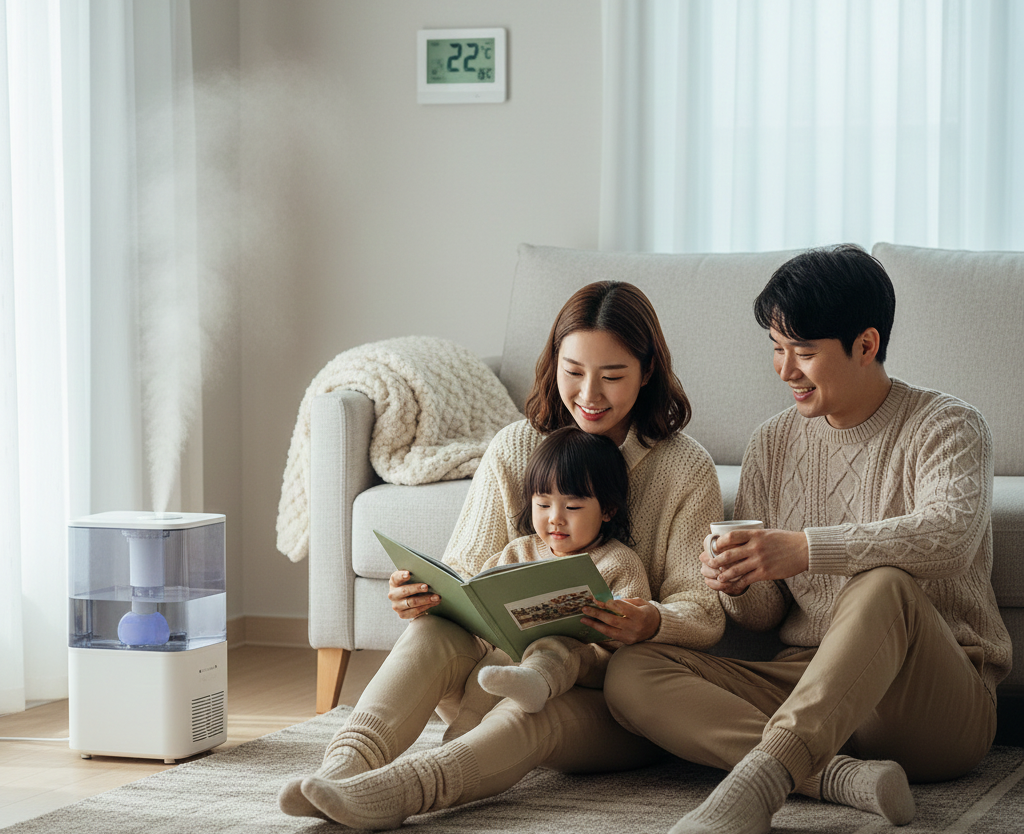 겨울철 아파트 거실에서 가습기를 틀어 적정 습도를 유지하고 따뜻하게 옷을 입은 가족이 아늑하게 시간을 보내며 난방비를 절약하는 모습