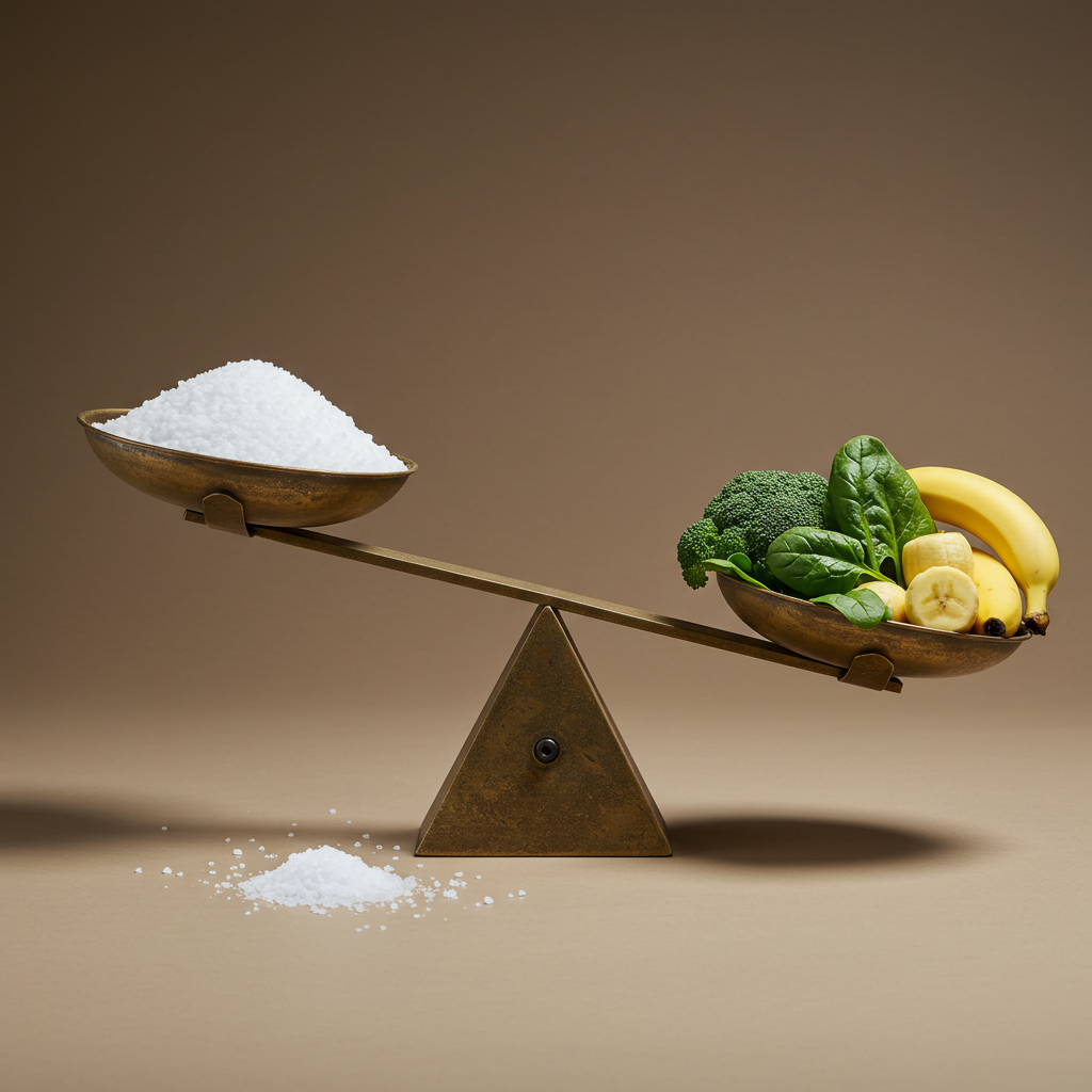 나트륨과 칼륨의 균형을 보여주는 저울과 음식