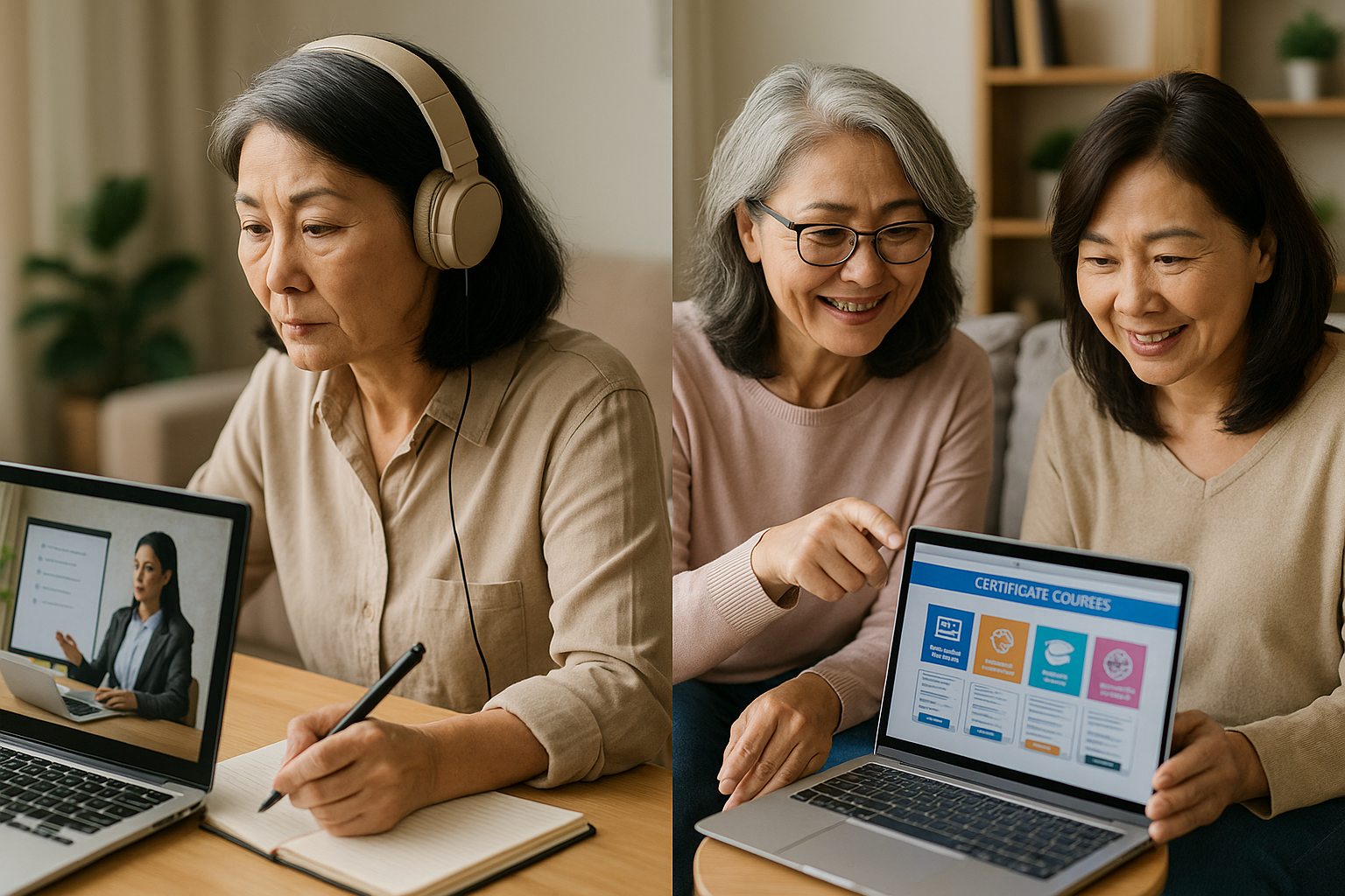 중년의 동아시아 여성 두 명이 가정 내에서 노트북을 활용해 온라인 자격증 강의를 함께 수강하는 모습