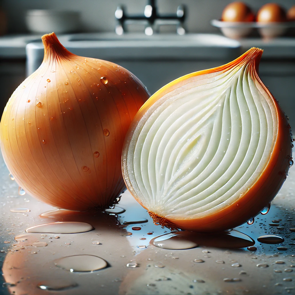 깨끗하게 씻은 양파 한 개와 반으로 잘라진 양파가 나란히 놓인 이미지.
