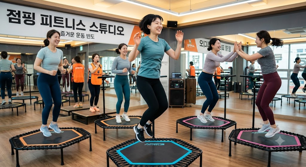 점핑 운동을 즐기는 운동 센터의 여성들