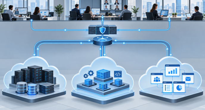 기업이 IaaS·PaaS·SaaS를 업무별로 함께 사용하는 클라우드 아키텍처