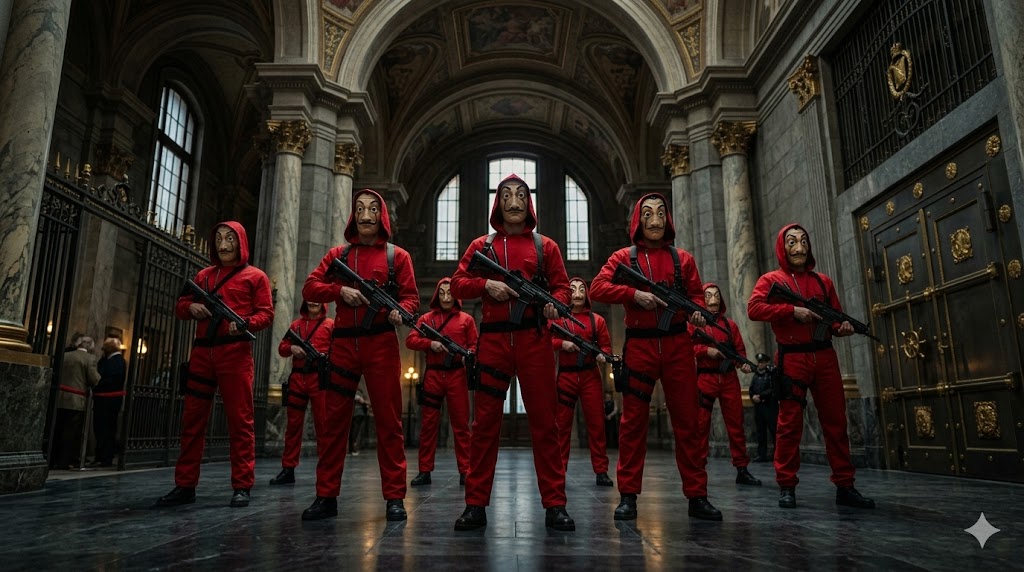 붉은 점프슈트와 달리 가면을 쓴 강도단이 조폐국을 점거한 긴박한 상황