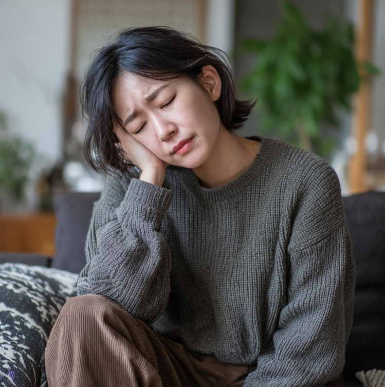 신장이 아파 쇼파에 앉아 앓는 모습