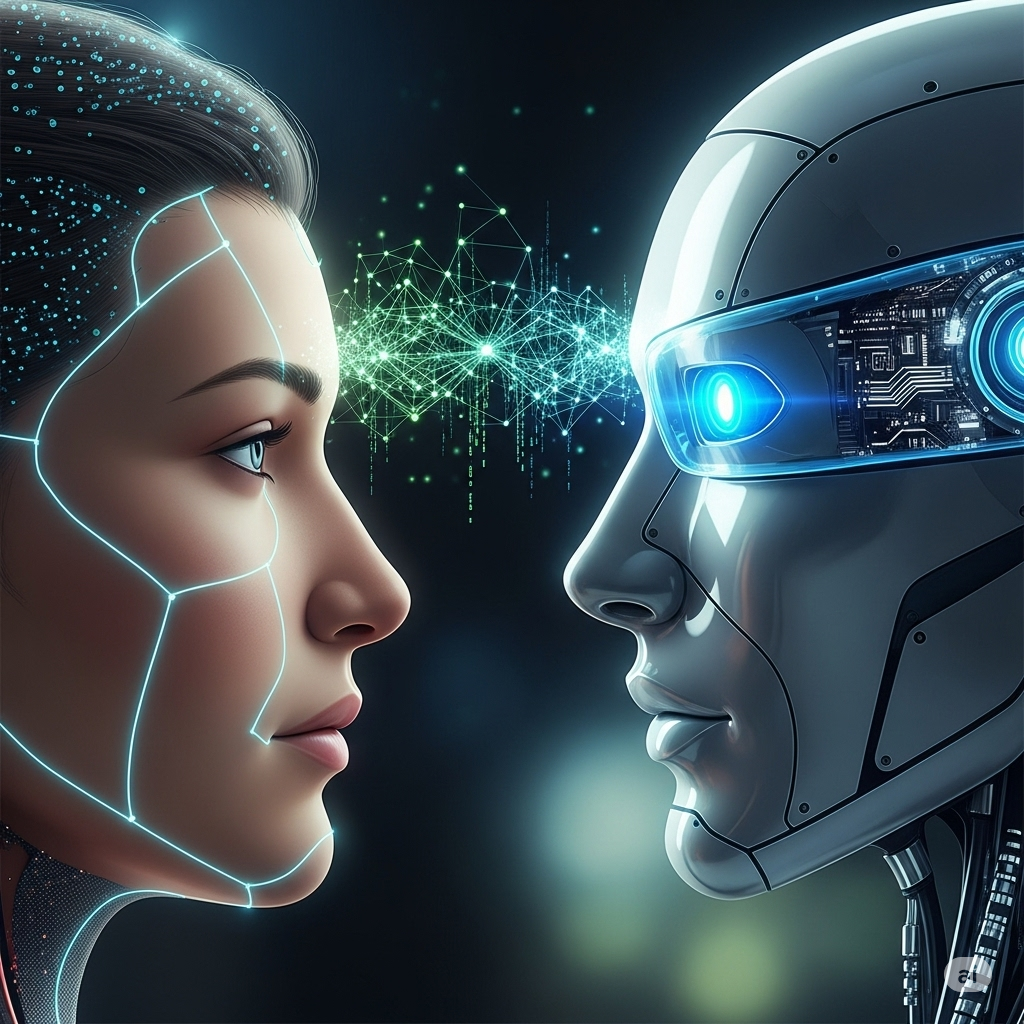 사람의 머리와 로봇의 머리가 마주보며, 그 사이로 데이터 스트림이 흐르는 미래적인 일러스트