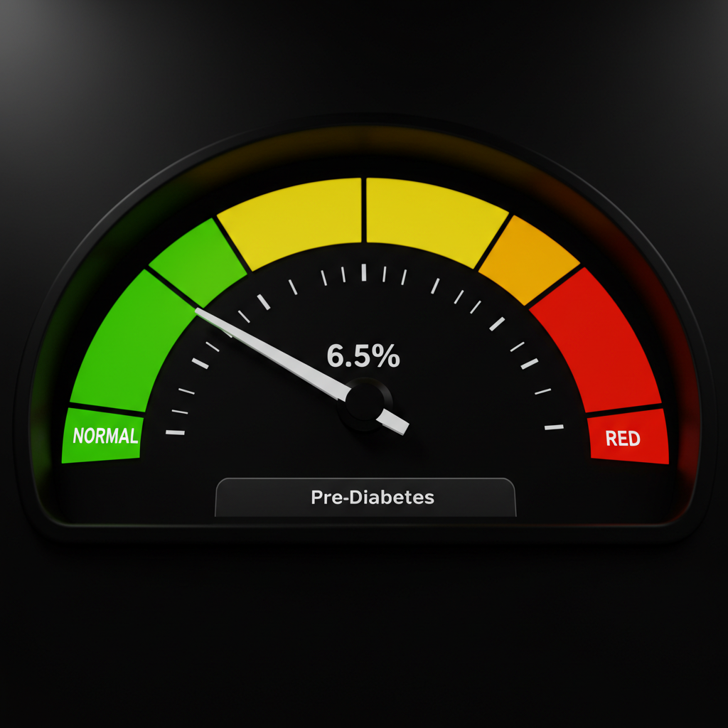 당화혈색소 수치를 나타내는 디지털 계기판. 바늘이 당뇨병 진단 기준인 6.5%를 가리키고 있음.