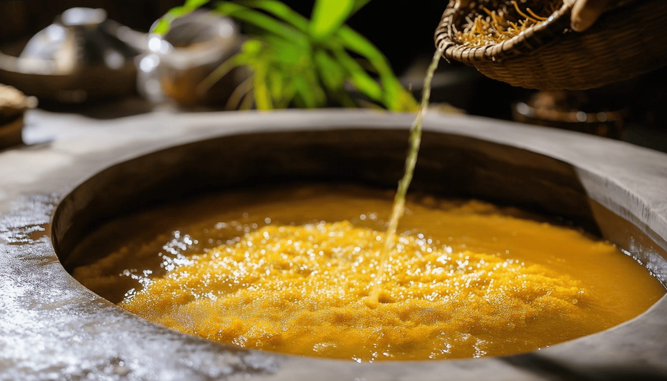 항아리에 현미 흑초를 만드는 과정