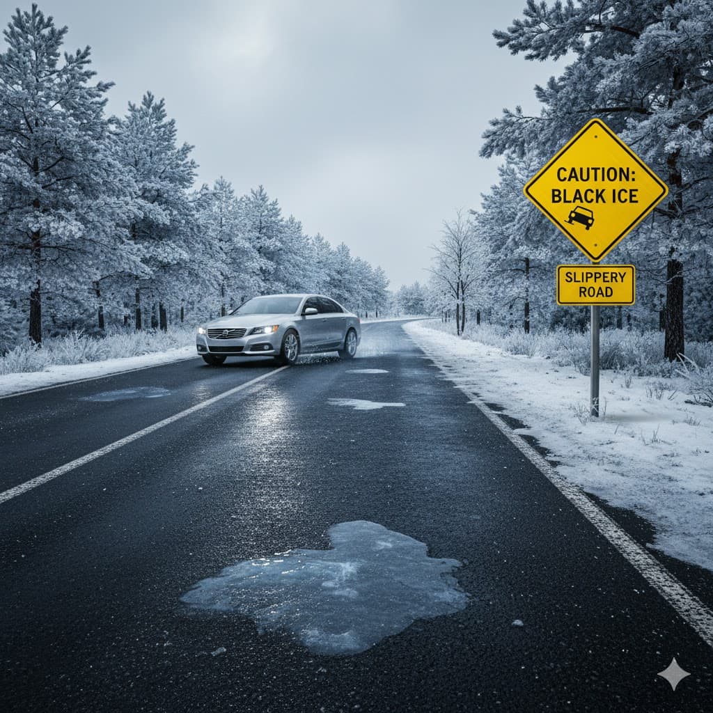 '아스팔트 위에 살얼음이 낀 블랙아이스 도로 이미지'