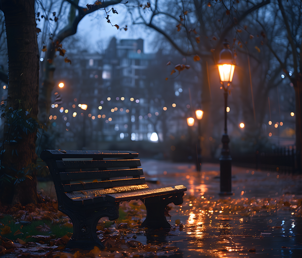 가로등 아래, 어둠과 빛 사이에 서 있는 사람들