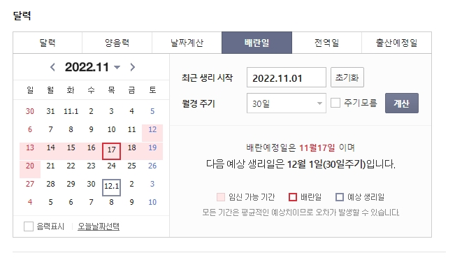 달력에 배란일과 가임기가 색깔로 표시된 계산 결과 화면
