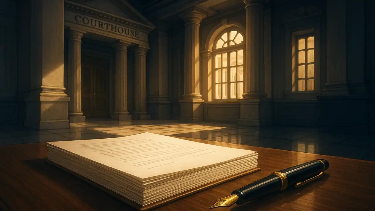 법원 건물과 계약서, 펜이 함께 배치된 법적 문서 작성 이미지