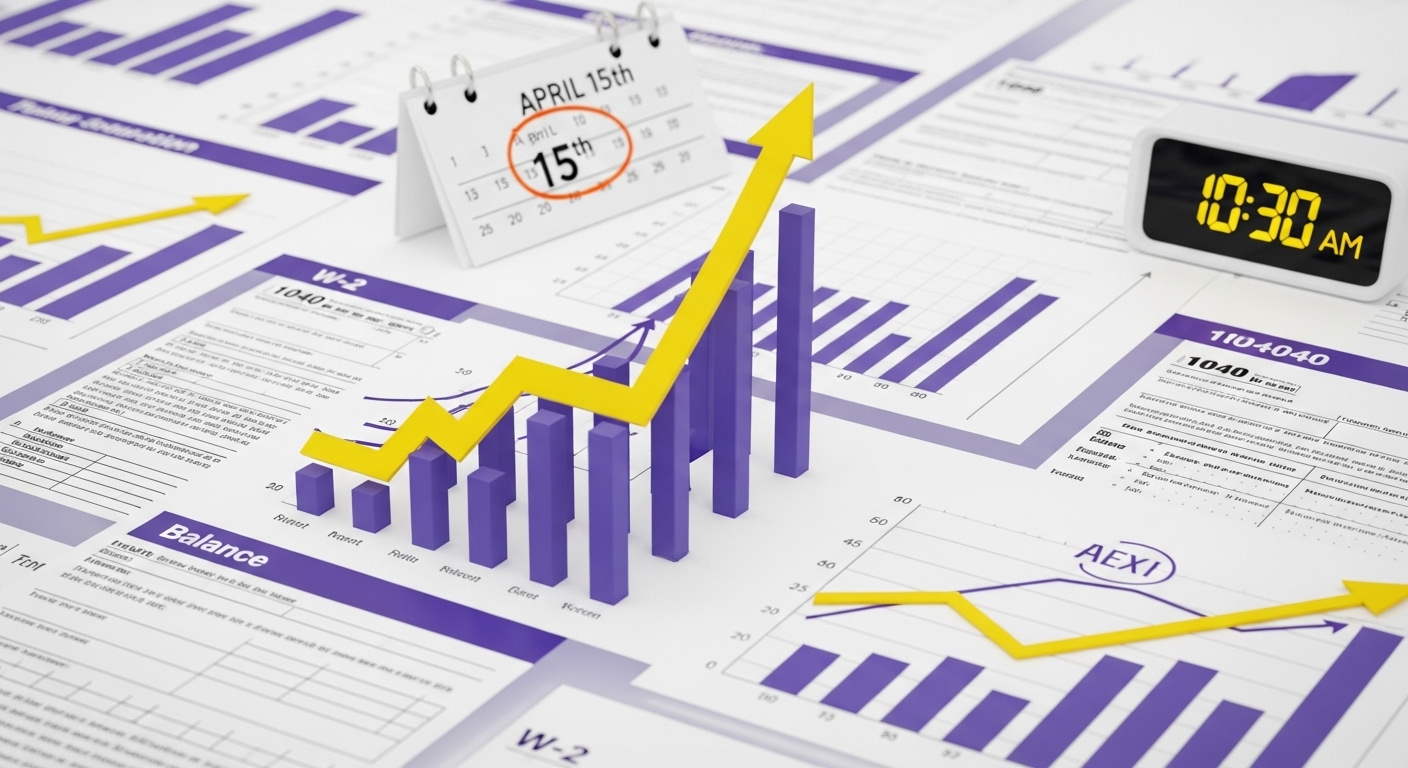 2025년 세법 개정사항을 시각적으로 나타내는 복잡한 세금 서류와 성장 그래프.