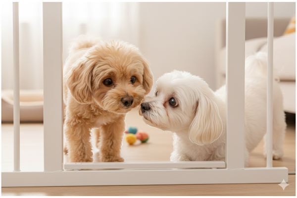 첫째견(푸들)과 둘째견(말티즈)이 서로 냄새를 맡으며 조심스레 힙사를 하기 위한 장면이다.