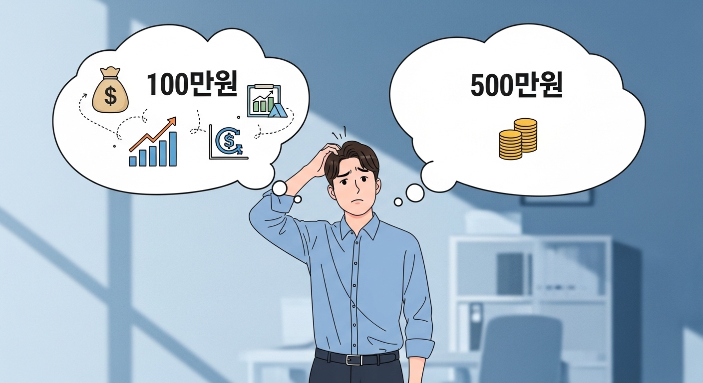 100만 원과 500만 원 소득 요건을 두고 혼란스러워하는 젊은 남성의 모습. 복잡한 소득 종류와 근로소득만 있는 경우를 대비하는 일러스트.