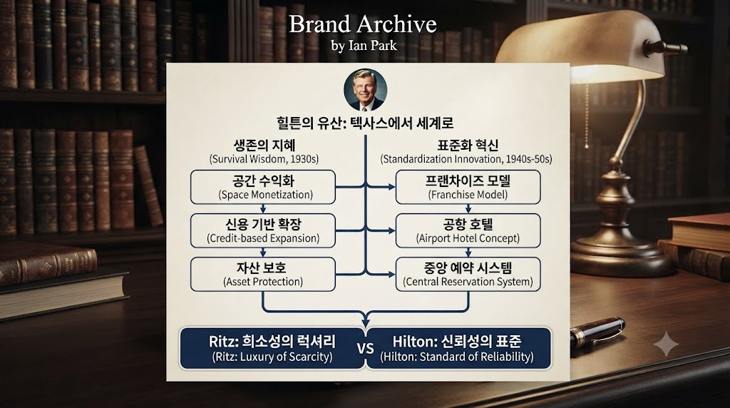 힐튼 편 총정리 인포그래픽. 콘래드 힐튼의 초상화를 중심으로, 대공황을 극복한 '생존의 지혜'와 호텔 산업의 표준을 세운 '시스템의 혁신'이 두 축으로 정리되어 있다. 하단에는 리츠(희소성)와 힐튼(신뢰성)의 철학적 차이가 명시되어 있다.
