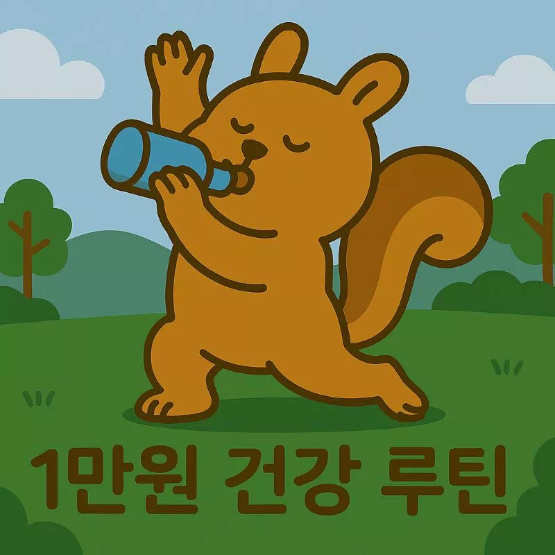 "스트레칭 하며 물을 마시는 건강한 다람쥐 캐릭터, 1만원 건강 루틴을 상징함."