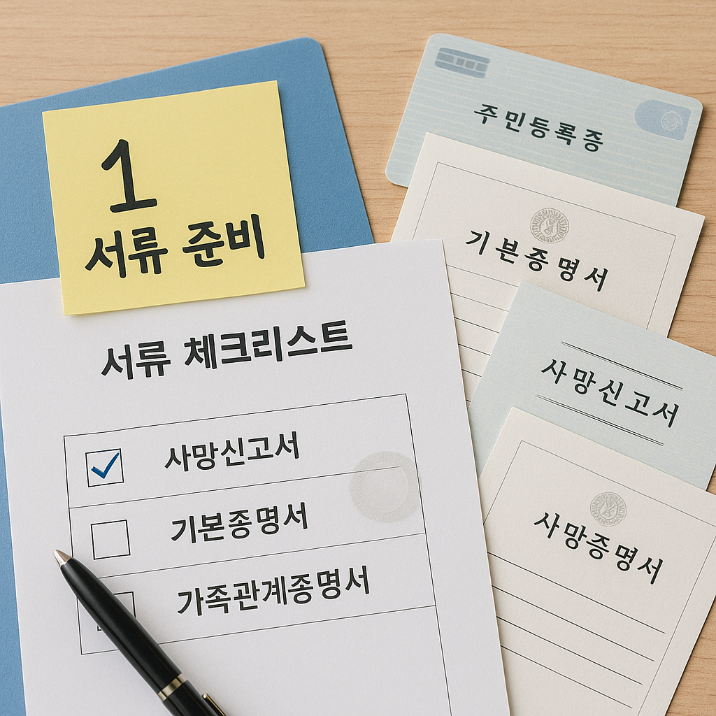 사망진단서·기본증명서·가족관계증명서 등 상속 서류 체크리스트와 신분증이 정갈하게 놓인 모습